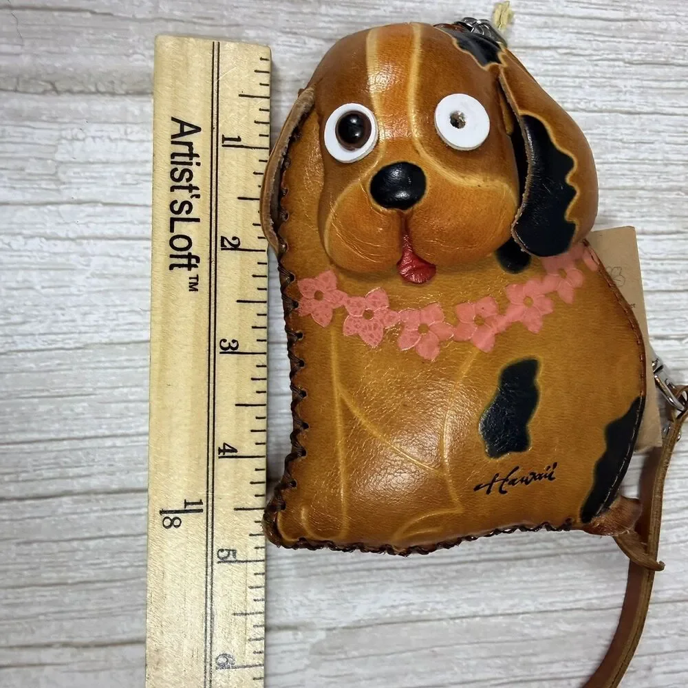 Dog Puppy Wristlet Purse Hawaiian Lei Zipper Brown Leather Small Child Coin Bag